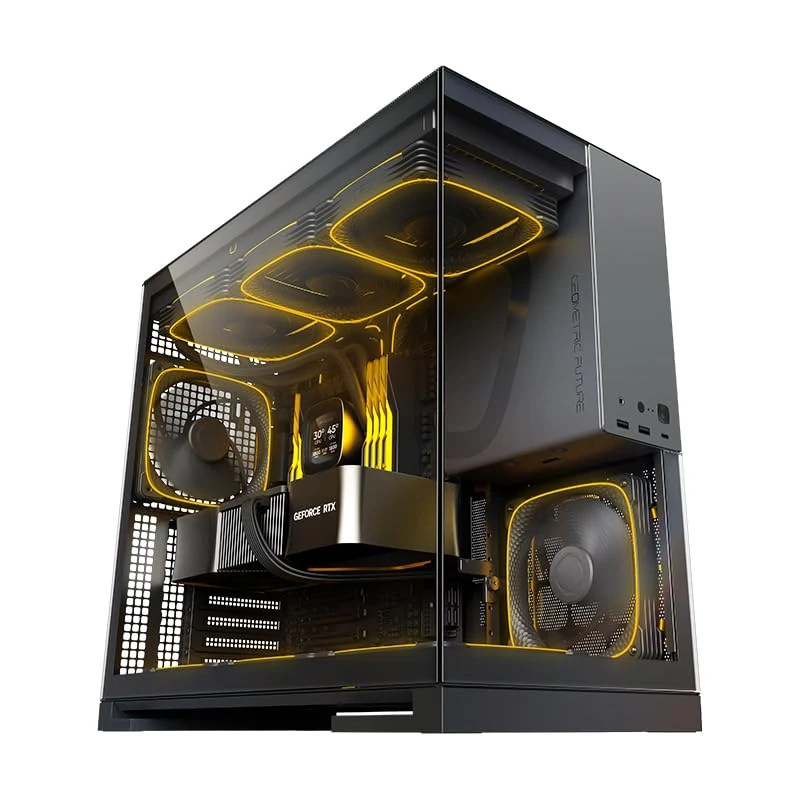 Geometric Future M5 Tempered Glass Mid Tower, E-ATX/ATX Gaming Case, 1.2mm Steel, Type C, Toolless Panels, Support 420/360 Radiator, ARGB PWM 140m fan x 5 Pre-Installed, Black/Grey, GEO-M5F-BG