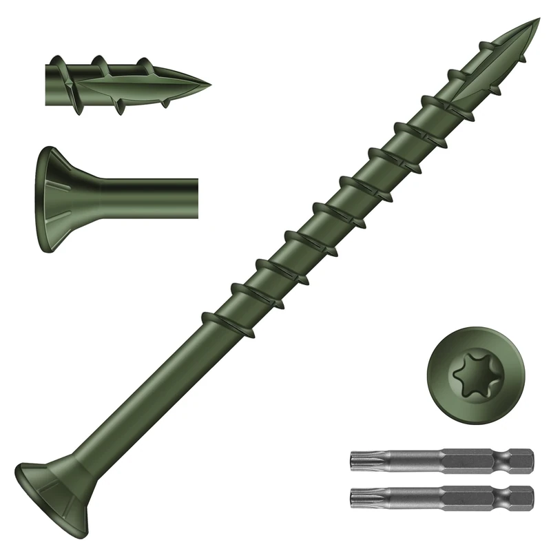 SG TZH #9 x 2-1/2" Deck Screws (930Pcs) 10lb. Exterior Wood Screws. Carbon Steel, Green, Flat Head, Rust Resistant epoxy Coated, with T25 Torx Bit