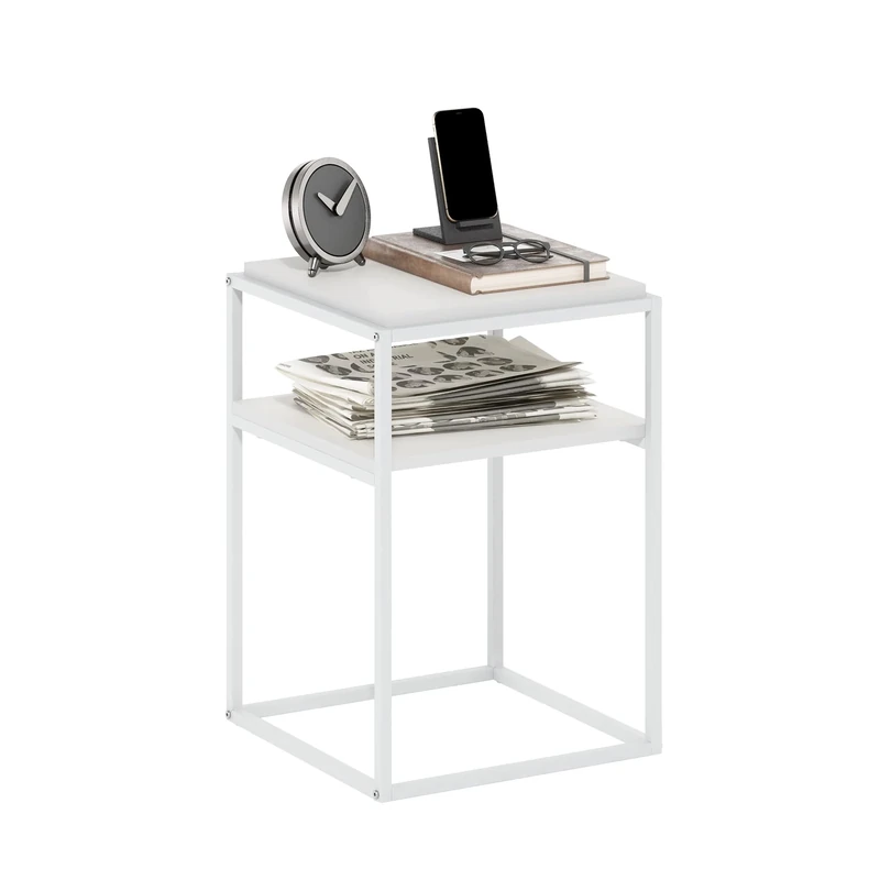 Furinno MORETTI Side Table, 2-Tier Stackable Metal Frame End Table with Open Shelf, Night Stand, Bedside Table, Toolless Assembly, for Living Room, Bedroom, Solid White