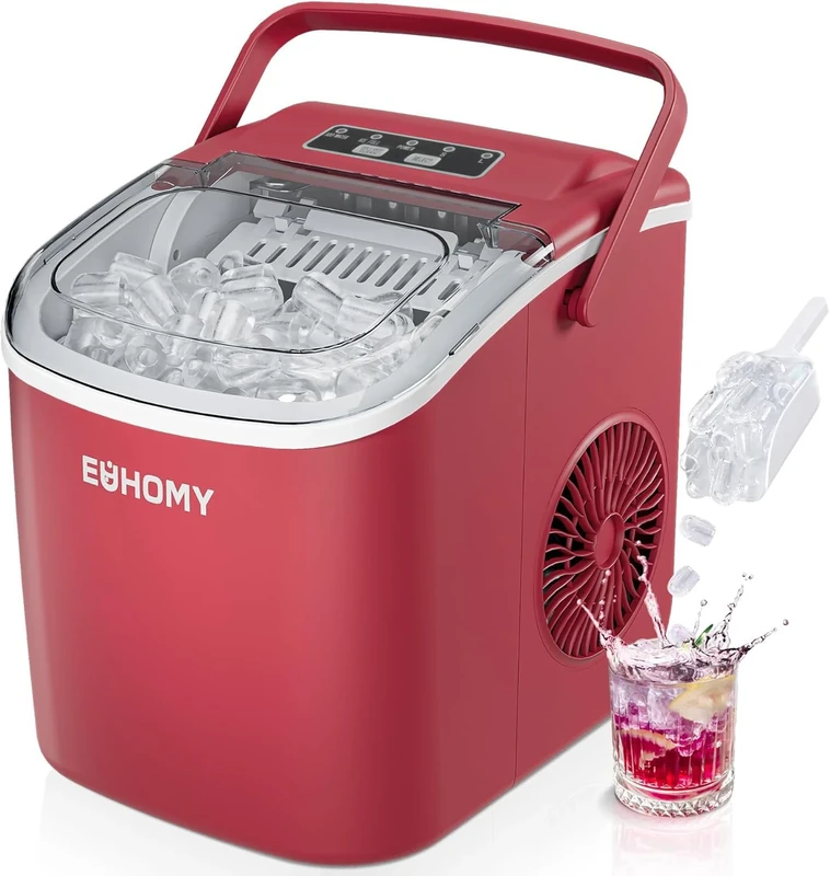 EUHOMY Countertop Ice Maker Machine, 9 Ice Cube Ready in 6 Mins, 2 Size Cube, Self-Cleaning Compact Ice Maker 12 kg in 24 H, Red, with Ice Scoop and Basket for Home/Kitchen/Office/Bar