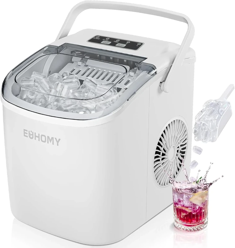 EUHOMY Countertop Ice Maker Machine, 9 Ice Cube Ready in 6 Mins, 2 Size Cube, Self-Cleaning Compact Ice Cube Maker 12 kg in 24 H, White, with Ice Scoop and Basket for Home/Kitchen/Office/Bar