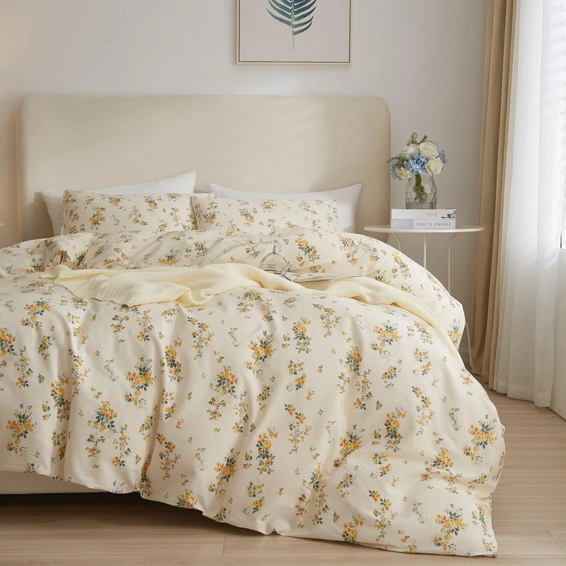 Yellow Floral Comforter Set - Full/Queen Size, 1 Comforter with 2 Pillowcases, Soft Microfiber, Vintage Floral Botanical Garden Pattern