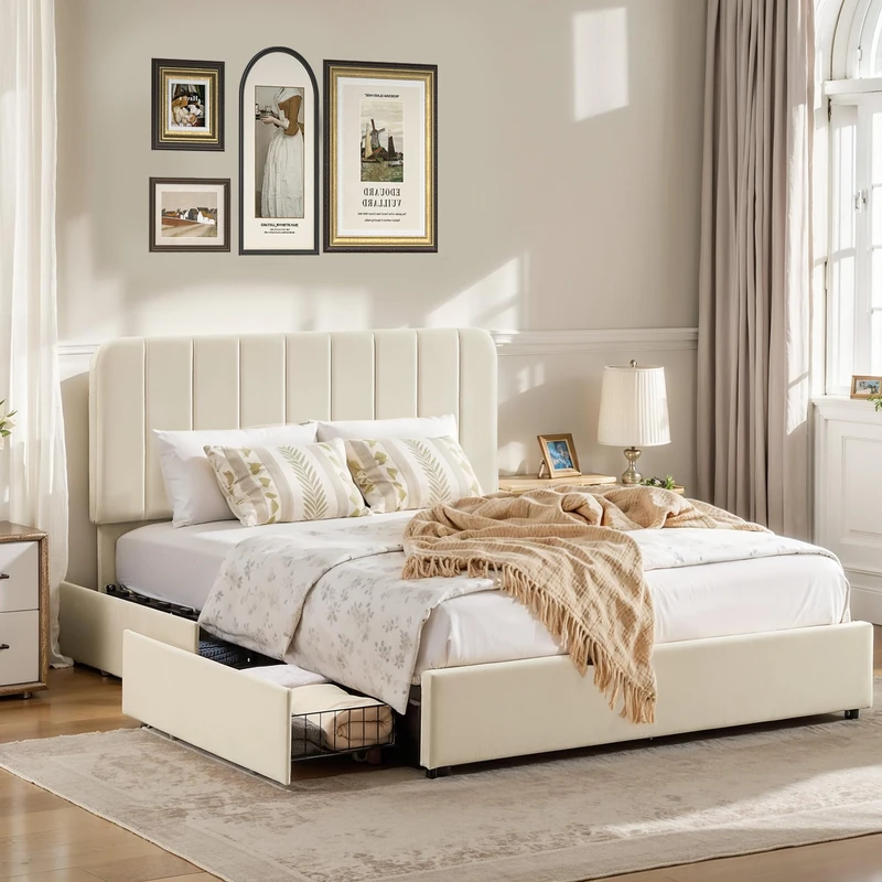 VECELO Double Size Bed Frame with 4 Storage Drawers, 4ft6 Upholstered Velvet Platform with Adjustable Headboard, Wood Slat Support, Mattress Foundation, No Box Spring Needed, Noise-free, Beige