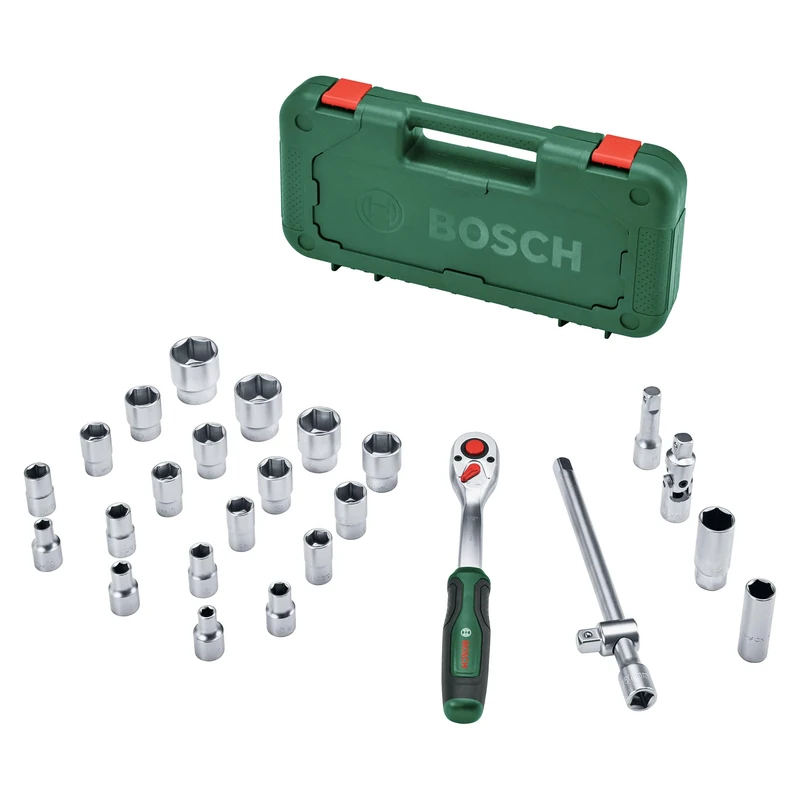 Bosch 1/2" Drive Ratchet Set 25-Piece (Powerful 1/2" Ratchet for Multiple DIY; High Torque up to 768Nm; Lock Button; Direction Switch; Curved Neck; Softgrip; Carrying Case)