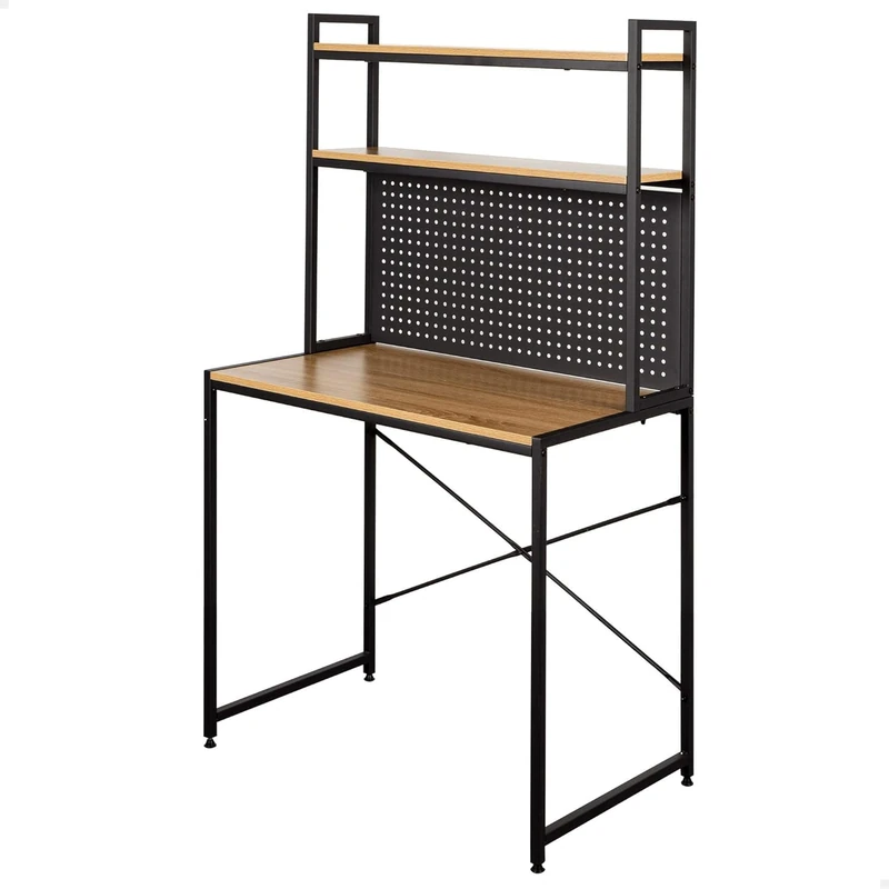 AKTIVE 18440 MAX Home Table Desk with Shelf, 84 x 50 x 148 cm, Wood and Black Steel, Perforated Board, Shelves, Office and Study, Industrial Style, Leveling Legs, Stable