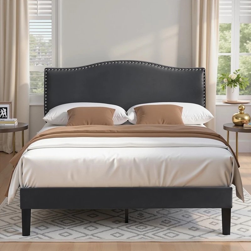 VECELO Double Bed Frame, Upholstered Platform with Adjustable Headboard, Mattress Foundation, Sturdy Wooden Slat Support, No Box Spring Needed, Non-Slip and Noise-Free, Easy Assembly, Dark Grey