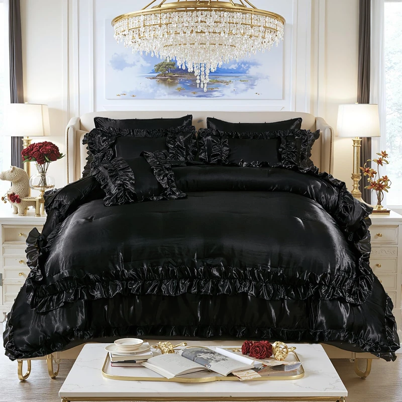 MOVE OVER 8 Pieces Black Satin Comforter Set King Size with Sheet Set Luxurious Soft and Silky Comforter Set Farmhouse Style Black Rufle Fringe Design Boho Comforter Silk Like Satin Bedding Set