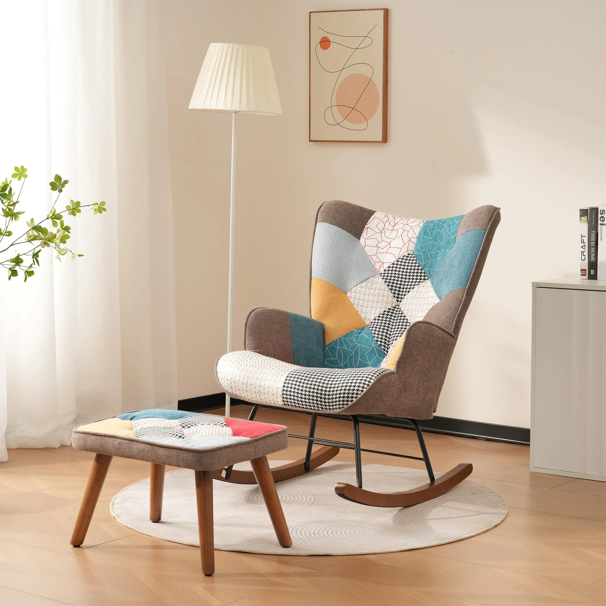 ModernLuxe Rocking Chair with Footrest,Reading Rocking Chair, Vibrant Colours and Wooden Iron Frame, Quilted Living Room Rocker for Relaxation and Comfort Multi-Colour B
