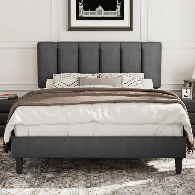 VECELO Double Size Bed Frame 4ft6 Upholstered Platform with Adjustable Velvet Headboard, Sturdy Wooden Slat Support, No Box Spring Needed, Easy Assembly, Dark Grey