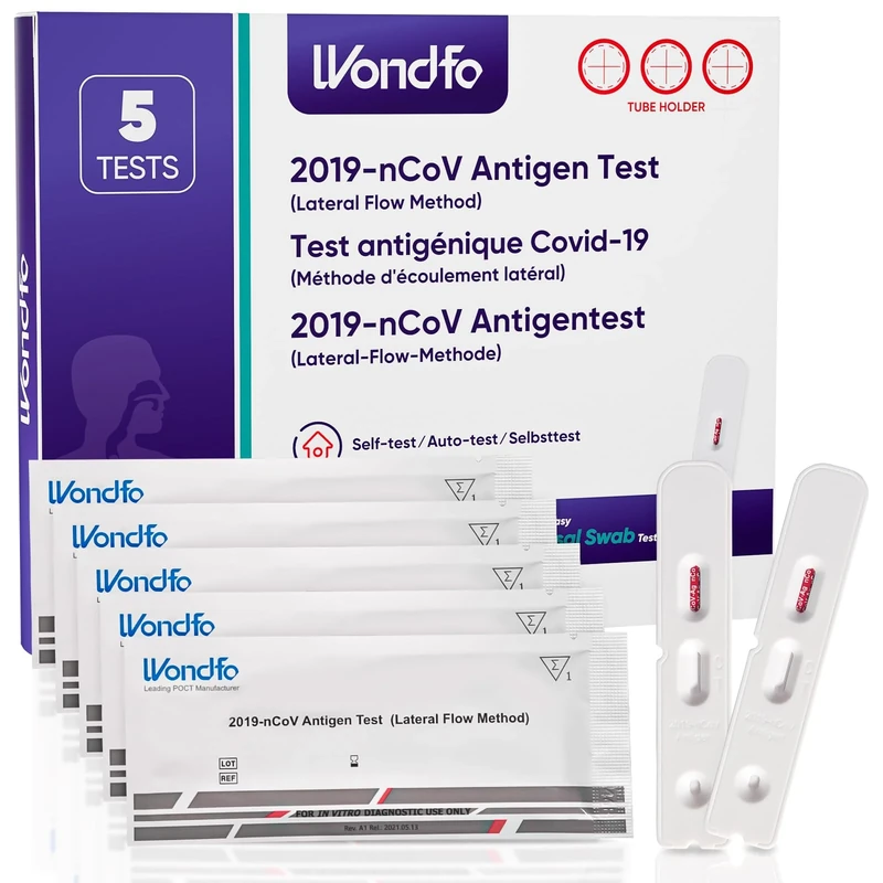 Wondfo Covid Lateral Flow Test Kit 5 Pack for Self Testing Covid Tests Rapid Result in 15 Minutes (New Package)
