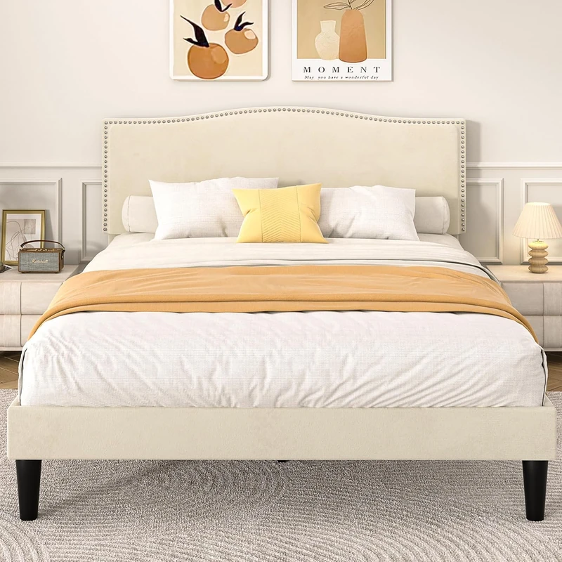 VECELO Double Bed Frame, Upholstered Platform with Adjustable Headboard, Mattress Foundation, Sturdy Wooden Slat Support, No Box Spring Needed, Non-Slip and Noise-Free, Easy Assembly, Beige