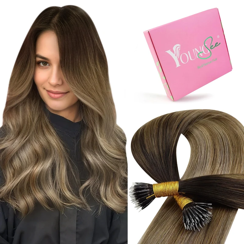 YoungSee Nano Hair Extensions Real Human Hair Brown 16inch 50g Nano Ring Hair Extensions Balayage Dark Brown with Blonde Nano Loop Extensions for Wedding Cold Fusion Pre Bonded 50s