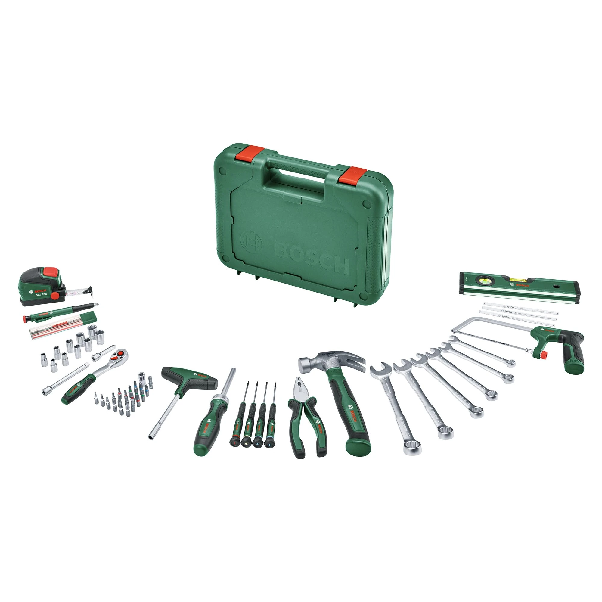 Bosch Advanced Hand Tool Set 64-Piece (Versatile DIY Kit; High-Quality Materials; Ergonomic Tools; Pliers, Wrenches, Screwdrivers, Ratchet, Measuring Tools, Saw, Hammer and More)
