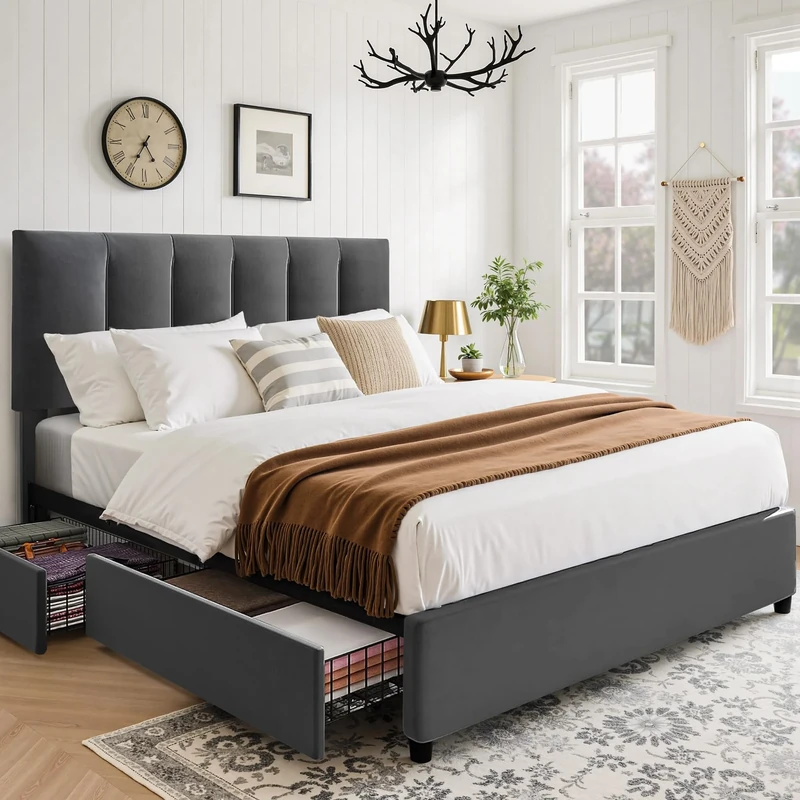 VECELO 4ft6 Double Bed Frame with 4 Storage Drawers, Upholstered Platform with Adjustable Velvet Headboard, Solid Wood Slat Support, No Box Spring Needed, Easy Assembly, Dark Grey