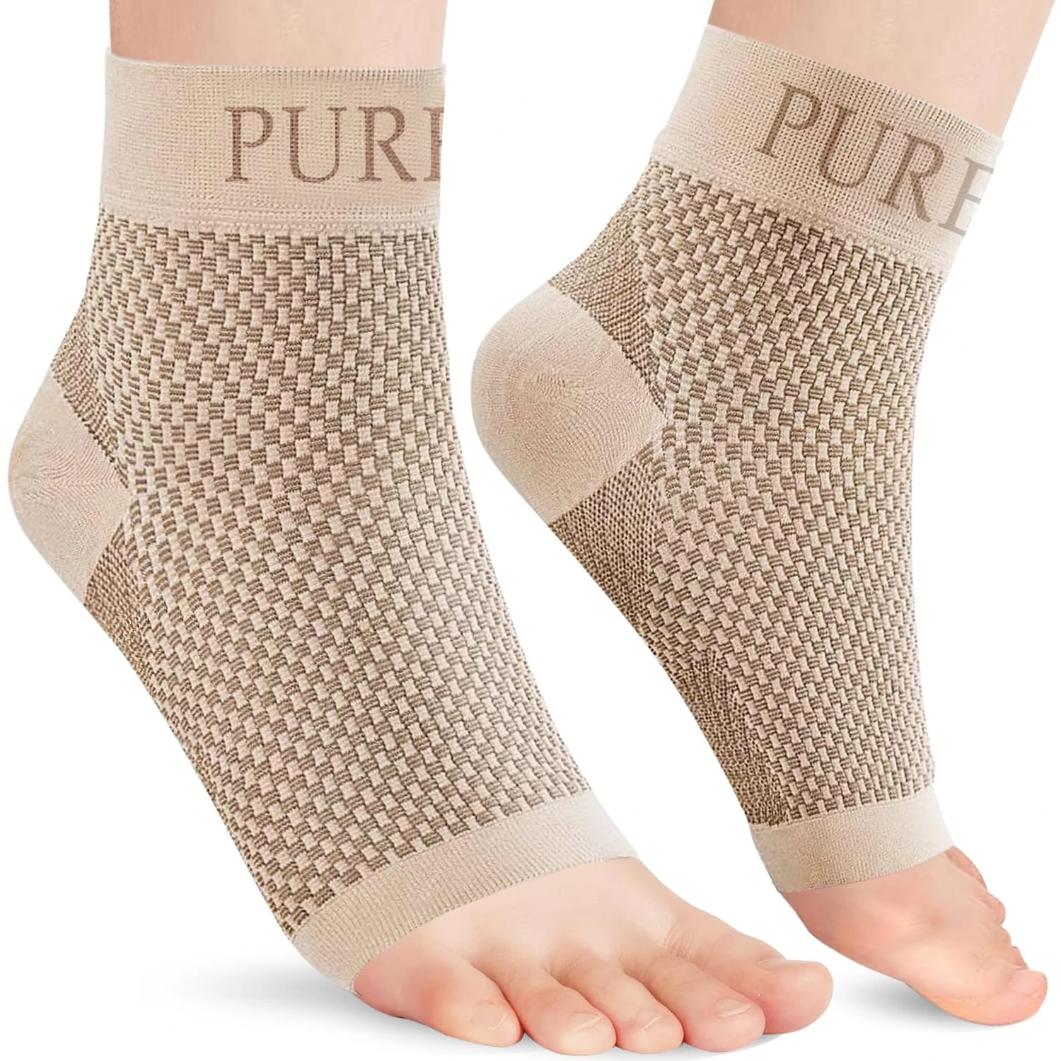 Pure Health Ankle Support for Ligament Damage Sprained Ankle, Achilles Tendonitis Foot & Plantar Fasciitis Support Strap, Heel Pain Relief & Wrap for Compression (Beige Pair, M)