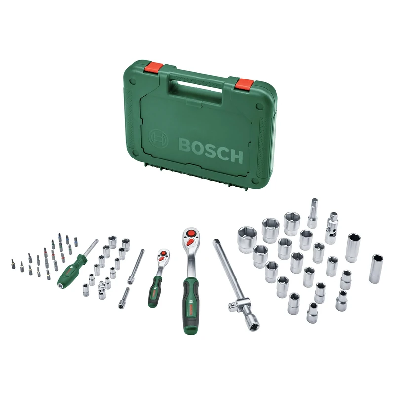 Bosch 1/4" + 1/2" Ratchet Set 57-Piece (Two Powerful Ratchets for Multiple DIY; 55x Accessories; High Torque; Lock Button; Direction Switch; Curved Neck; Softgrip; Carrying Case)