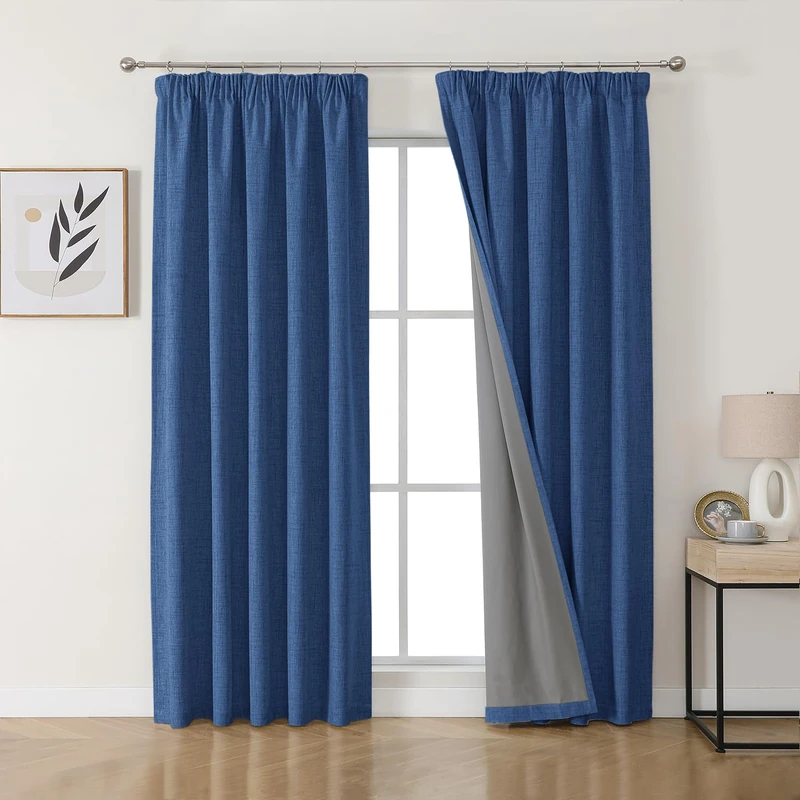 Joydeco 100% Blackout Curtains, Linen Curtains with Ruffle Tape, Set of 2, H 225 x W 140 cm, Navy Blue, Thermal Curtain, Cold Protection, Opaque, Sound Protection, Ideal for Living Room, Matches Rail