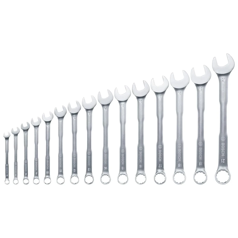 Bosch Combination Wrench Set 15-Piece (Robust Spanner Set for Universal Use; Chrome Vanadium; High Torque; Ring- and Open-Ended; Metric 6-21mm; Ergonomic Deisgn; Practical Storage)