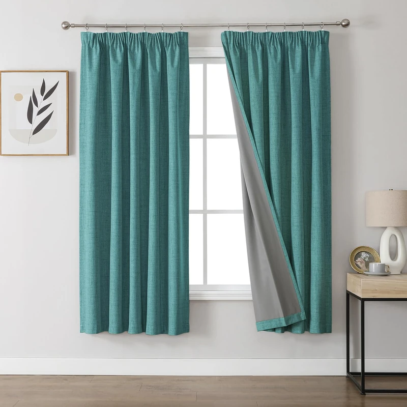 Joydeco 100% Blackout Curtains, Linen Curtains with Ruffle Tape, Set of 2, H 175 x W 140 cm, Green, Thermal Curtain, Cold Protection, Opaque, Sound Protection, Ideal for Living Room, Matches Rail