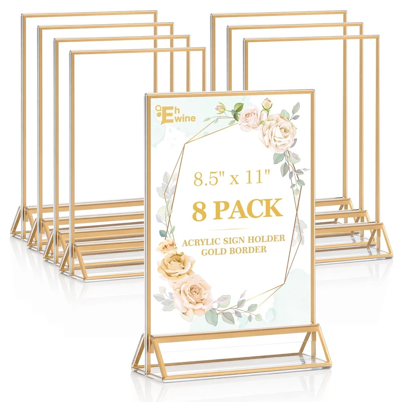 EHWINE 8 Pack Acrylic Sign Holder 8.5 x 11, Double Sided Gold Picture Frame Stand up Table Top Sign Holders, Clear Display Stand Menu Flyer Holder for Wedding Party (Provide Non-slip Mats)