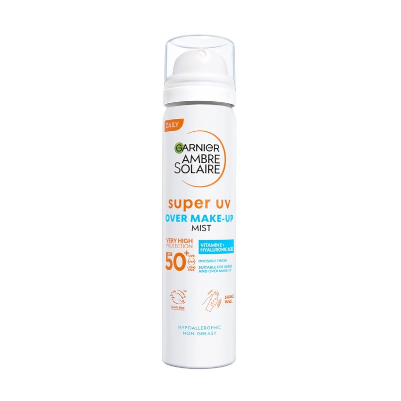 Garnier Ambre Solaire Over Makeup Super UV Protection Mist SPF50+, with Hyaluronic Acid and Vitamin E, Light Texture, Invisible Finish, Non-Greasy, Hydrates Skin 75ml