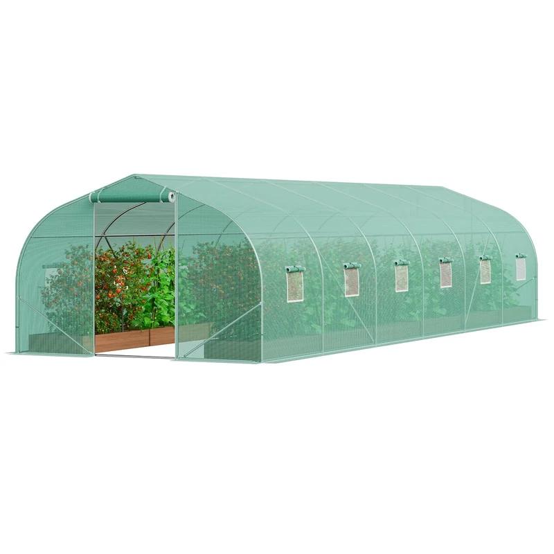 VEVOR Walk-in Tunnel Greenhouse, 29.5x9.8x6.6 ft Hoop House Greenhouse Tunnel, Peaked Roof Plant Hot House with Galvanized Steel Frame, Green PE Cover, Roll-up Zipper Door and 12 Windows for Outdoor