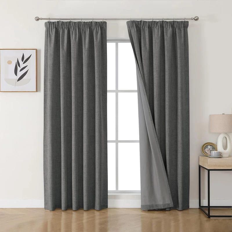 Joydeco 100% Blackout Curtains, Linen Curtains with Ruffle Tape, Set of 2, H 245 x W 140 cm, Grey, Thermal Curtain, Cold Protection, Opaque, Sound Protection, Ideal for Living Room, Matches Rail