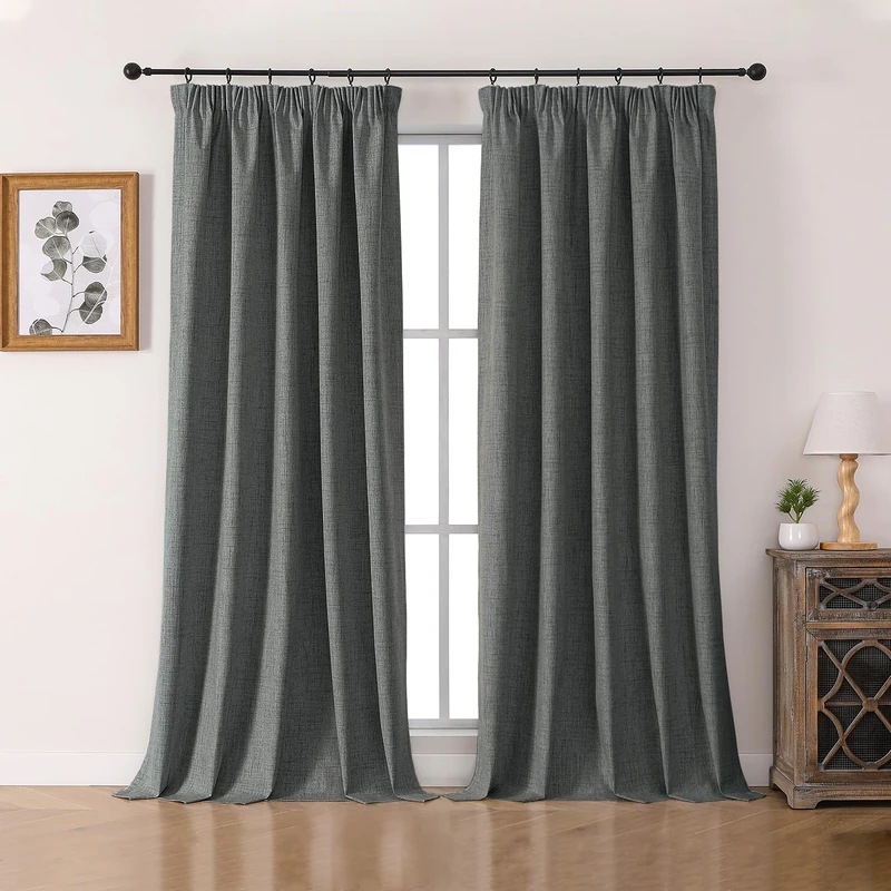 Joydeco 100% Blackout Curtains, Linen Curtains with Ruffle Tape, Set of 2, H 275 x W 140 cm, Grey, Thermal Curtain, Cold Protection, Opaque, Sound Protection, Ideal for Living Room, Matches Rail