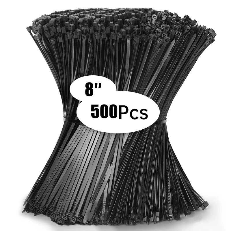 DUNSOO 500 Pack Black Cable Ties, 200mm x 4.8mm Premium Nylon Zip Ties, Heavy Duty Tie Wraps for Wire Management, Home, Garden, Office and DIY