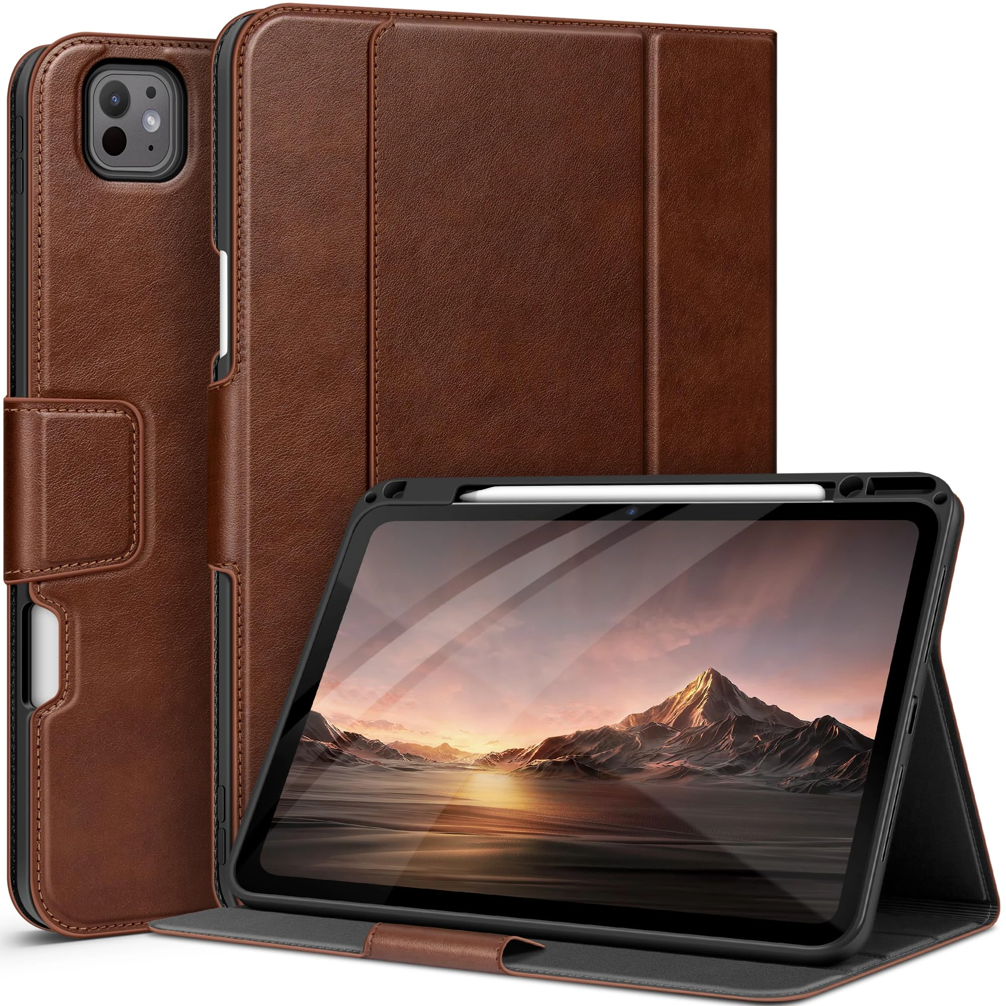 AUAUA Case for iPad Pro 13 Inch (M5/M4) 2025/2024, with Pencil Holder and Pocket, Multiple Viewing Angles, Magnetic Closure, Auto Sleep/Wake (Brown)