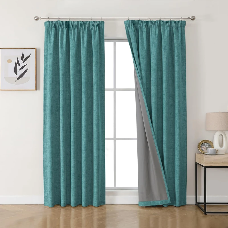 Joydeco 100% Blackout Curtains, Linen Curtains with Ruffle Tape, Set of 2, H 200 x W 140 cm, Green, Thermal Curtain, Cold Protection, Opaque, Sound Protection, Ideal for Living Room, Matches Rail