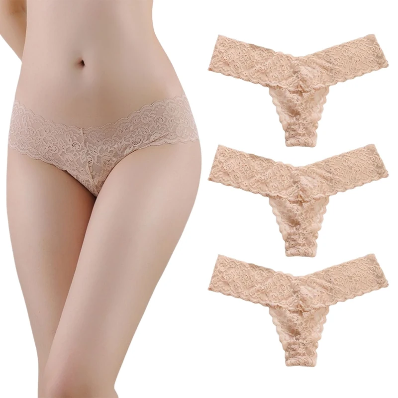 marysgift Thong Ladies Knickers Nude Thong Lace Knickers for Women Underwear Soft Sexy Underwear Beige Female Brazilian Knicker 3 Pack UK 4 6 2608-S Beige