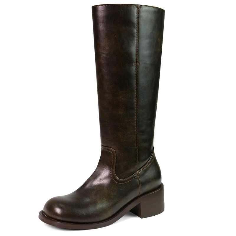 VBDB Women's Knee High Boots Square Toe Chunky Block Heel Long Boots for Women Comfortable Low Heel Womens Boots, Dark Brown, 8 UK