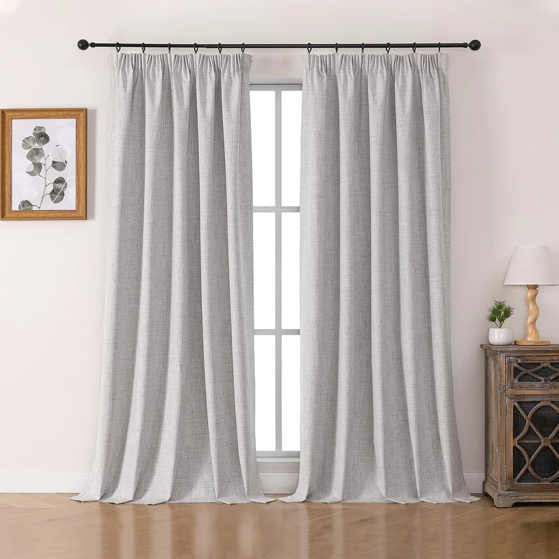 Joydeco 100% Blackout Curtains, Linen Curtains with Ruffle Tape, Set of 2, H 275 x W 140 cm, Grey White, Thermal Curtain, Cold Protection, Opaque, Sound Protection, Ideal for Living Room, Matches Rail