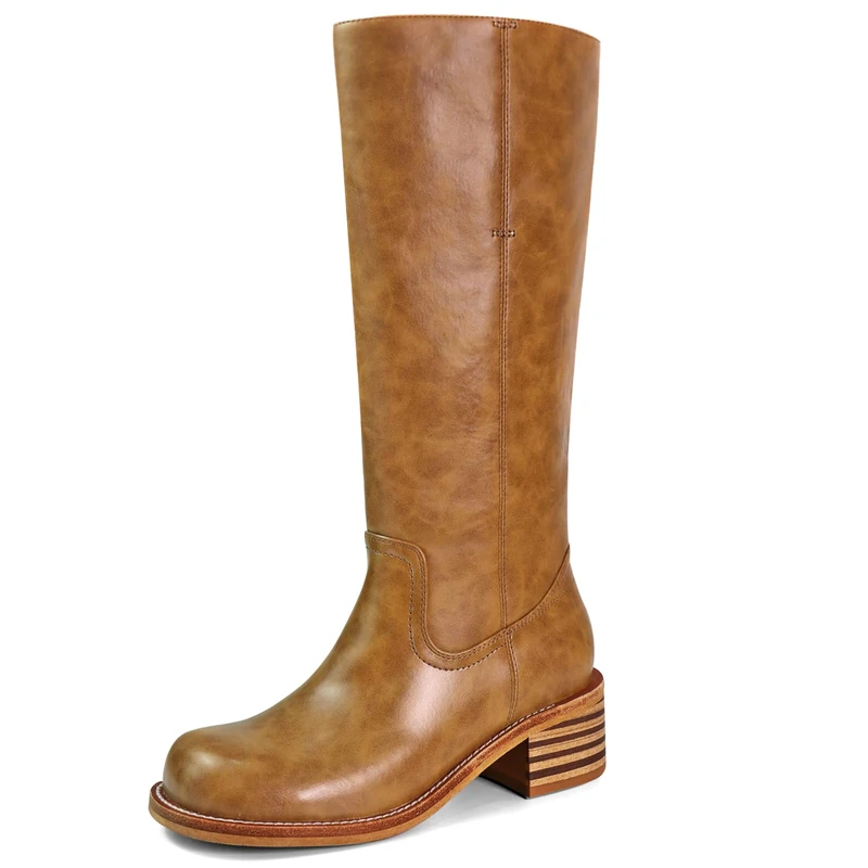 VBDB Women's Knee High Boots Square Toe Chunky Block Heel Long Boots for Women Comfortable Low Heel Womens Boots, Brown, 5.5 UK