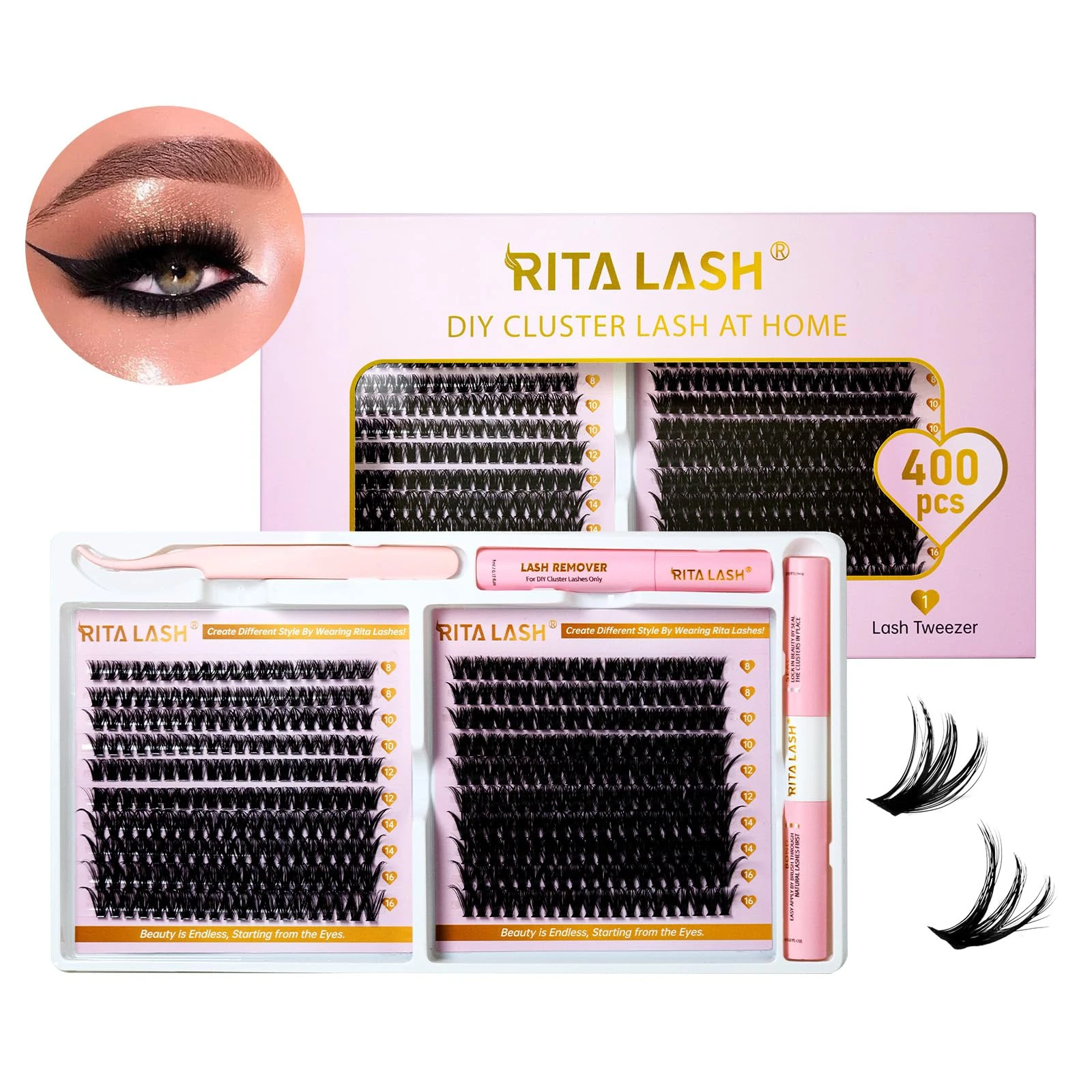 RITALASH Lash Extension Kit 400Pcs,DIY Individual Lashes Clusters Kit,Lash Bond And Seal,Lash Remover For Eyelashes Extensions (50D+80D Cluster Kit)