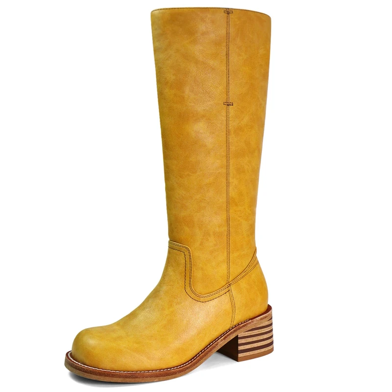 VBDB Women's Knee High Boots Square Toe Chunky Block Heel Long Boots, Banana-yellow, 6 UK