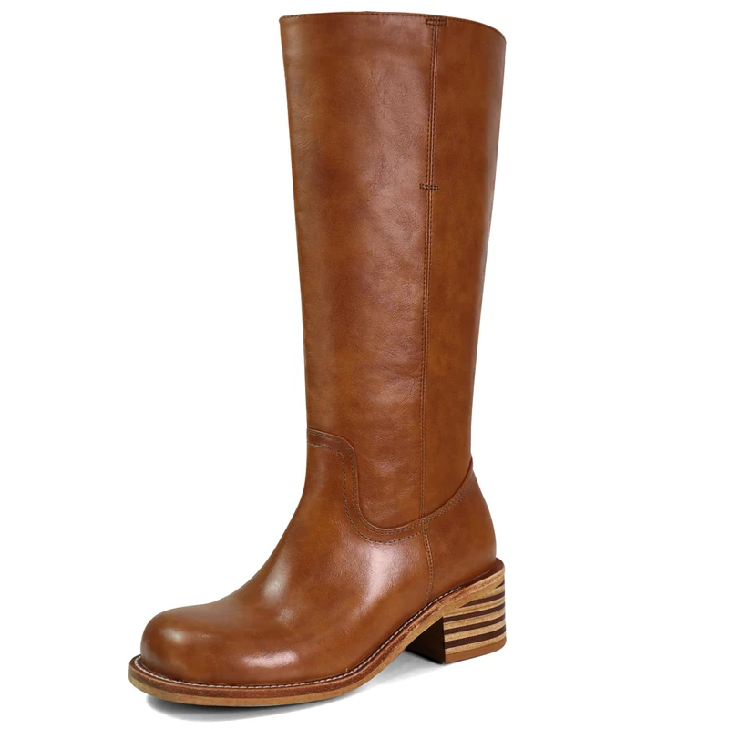 VBDB Women's Knee High Boots Square Toe Chunky Block Heel Long Boots for Women Comfortable Low Heel Womens Boots, Saddle Brown, 6 UK