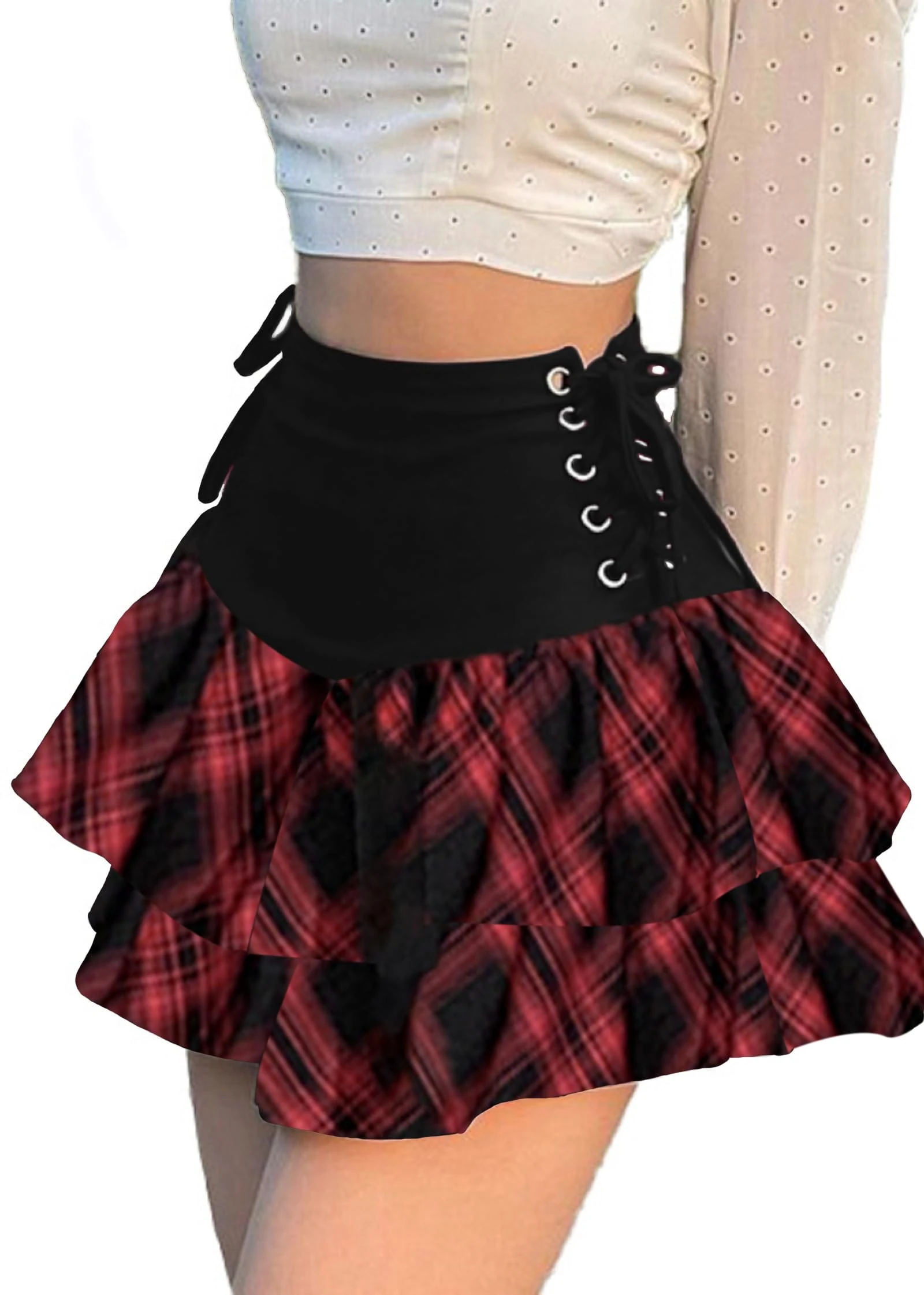 DINGJIUYAN Gothic Aesthetic Tartan Pleated Skirt Vintage Ruffle Mini Skirts Streetwear High Waist Eyelet Bandage Skirts