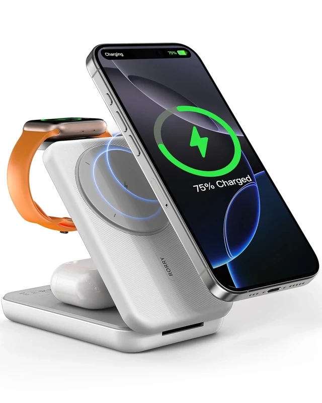 RORRY 3 in 1 Wireless Charging Station, 10000mAh Portable Powerbank for Magsafe iPhone 16/15/14/13/12, Magnetic Foldable Charger Stand for Apple Watch AirPods, PD 20W USB-C Power Bank for Samsung