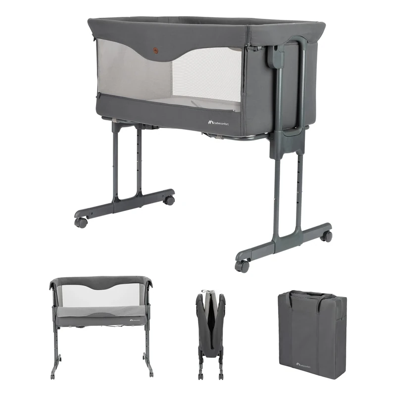 Bebeconfort Amara, Baby Bedside Crib, 0-6 Months, 0-9 Kg, Co Sleeper Crib, 2-In-1 Co Sleeper and Bassinet, 3-Second Compact Fold, Easy to Move Around, Handy Travel Bag, Tinted Graphite
