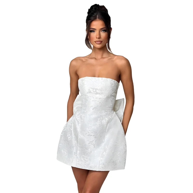 JUMISEE Embroidery Satin Homecoming Dress with Bow Modest Strapless Mini Dresses A Line Short Prom Dress Party Gown, White, S