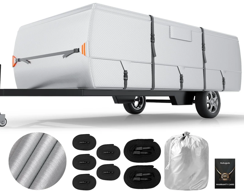 Nukugula Anti-UV Pop Up Folding Camper Cover Upgraded Ripstop Fit 10'-12' with Storage Bag, Waterproof Breathable Trailerable Tent Trailer Cover with Windproof 5+2 Straps