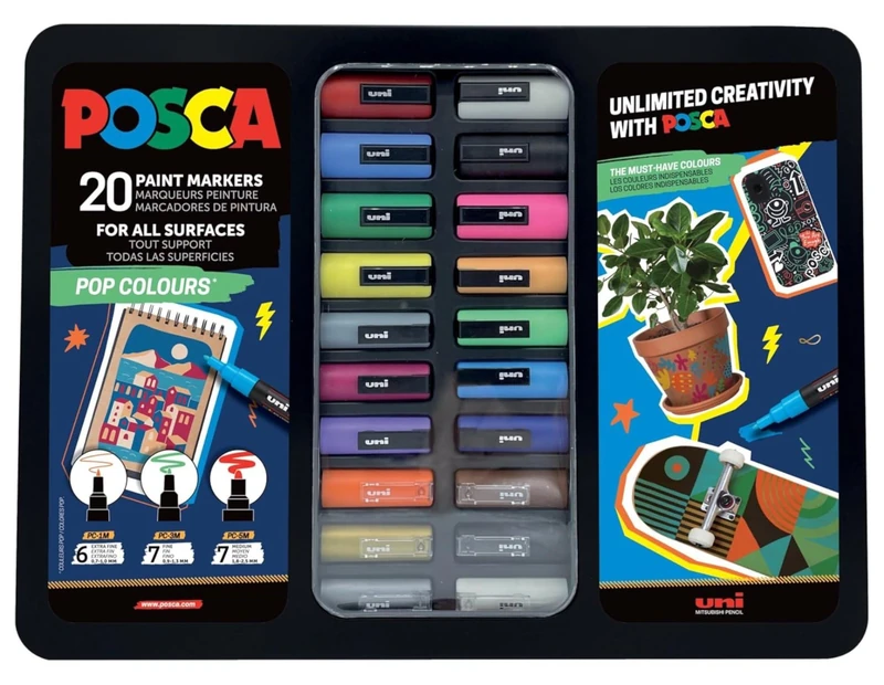 Uni-Ball 186832 – Set of POSCA Markers, 20 Acrylic in Case, Pop Colours, Tip PWE5M 1.8-2.5 mm