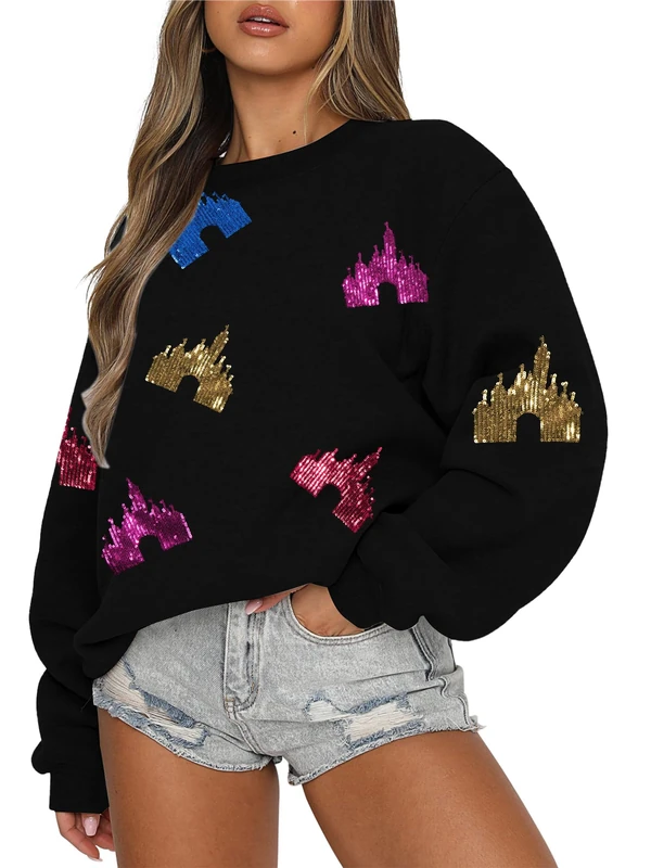 UNIQUEONE Oversized Bow Sweatshirt Womens Magic Kingdom Tee Shirt Colorful Pastel Bows Graphic Sweatshirts Holiday Pullover, New Black, Medium - Image 1