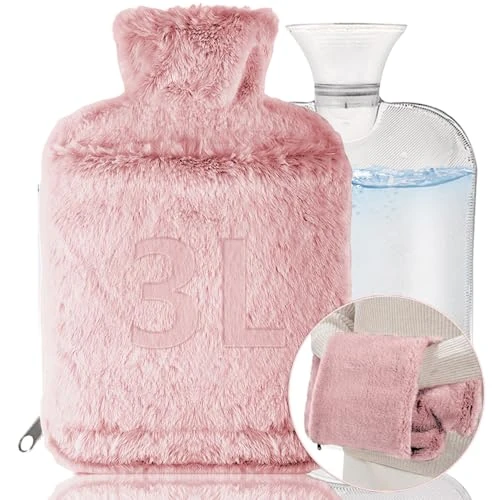 LinKecn Furry Hot Water Bag - 3L XXL with Pink Faux Fur Cover and Hands Warmer