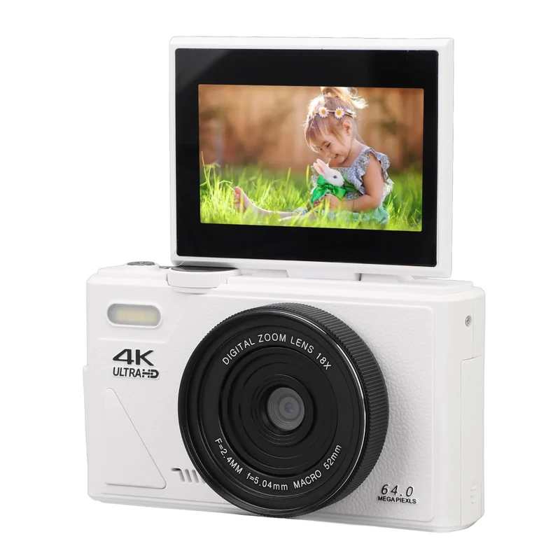 Elprico Digital Camera 4K,64MP UHD 18X Zoom Autofocus Retro Compact Digital Camera with 3 Inch Flip Screen for Travel Photography Vlogging (White)