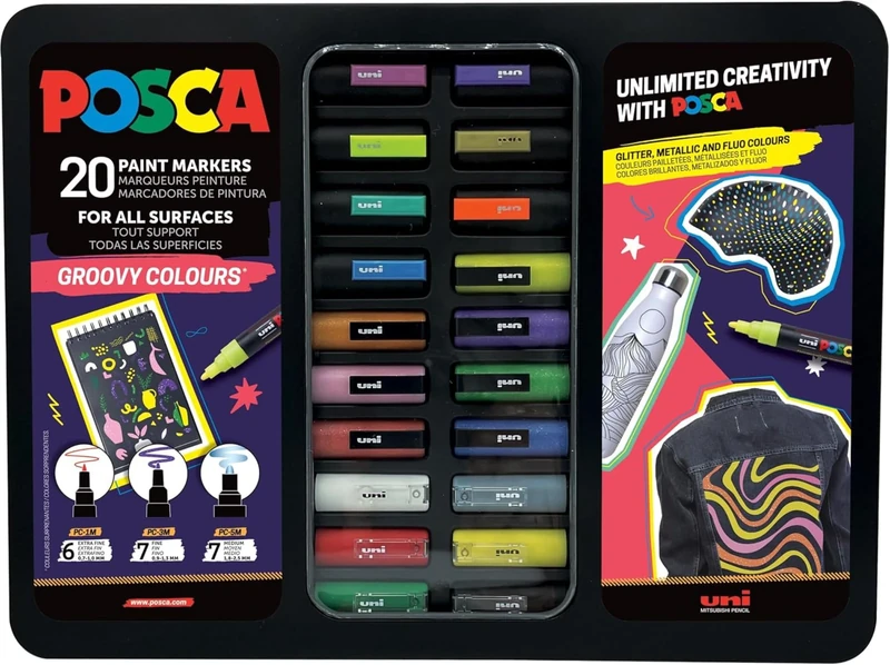 Posca Uni-Ball 186831 – Set of 20 Acrylic Markers in Case, Groovy Colours Marker Set, PWE5M Tip 1.8-2.5 mm
