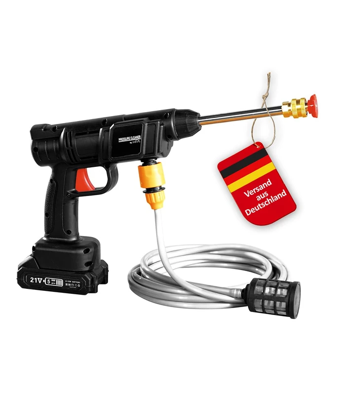 Genius Cordless Pressure Cleaner, 12 Pieces, Pressure Washer Gun, Professional, Car Wash Gun with Battery and Water Hose, 5 m, Mobile Pressure Cleaner for Patio, Garden