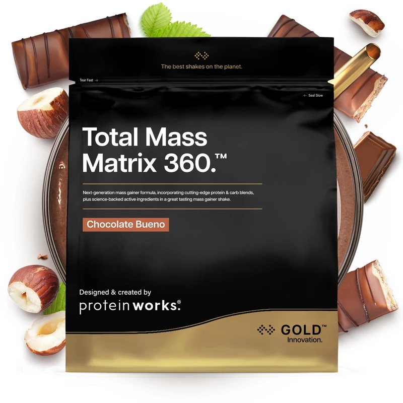 Protein Works | Total Mass Matrix 360 - Gold Innovation, Tri Protein Blend, Mass Gainer Protein Powder, Creatine Monohydrate, Glutamine, Vitamins & Minerals, Banana Smooth, 8 Servings, 2.12kg